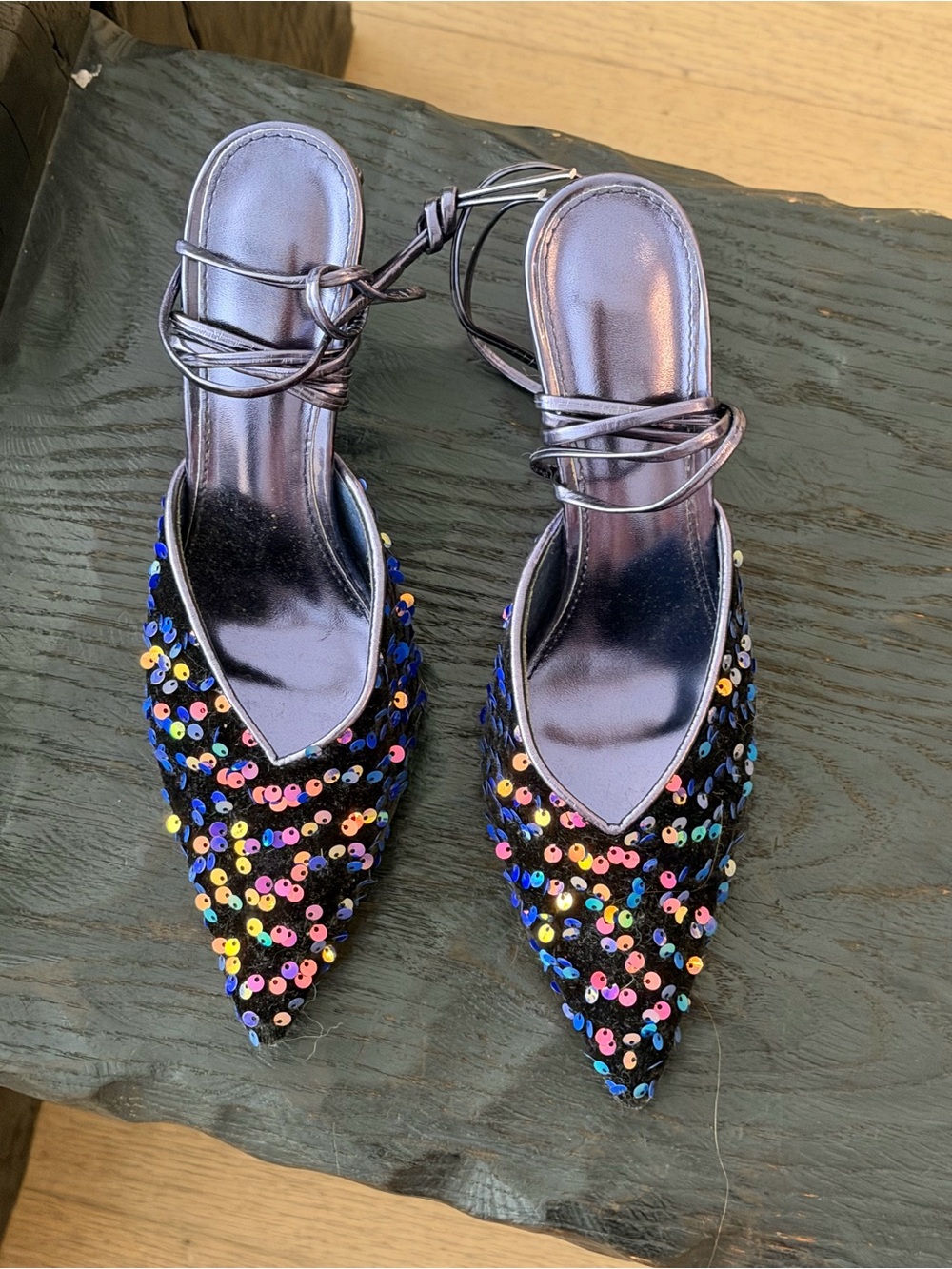 VINTAGE SEQUIN POINTED TOE WRAP UP KITTEN HEEL - Picture 3 of 4